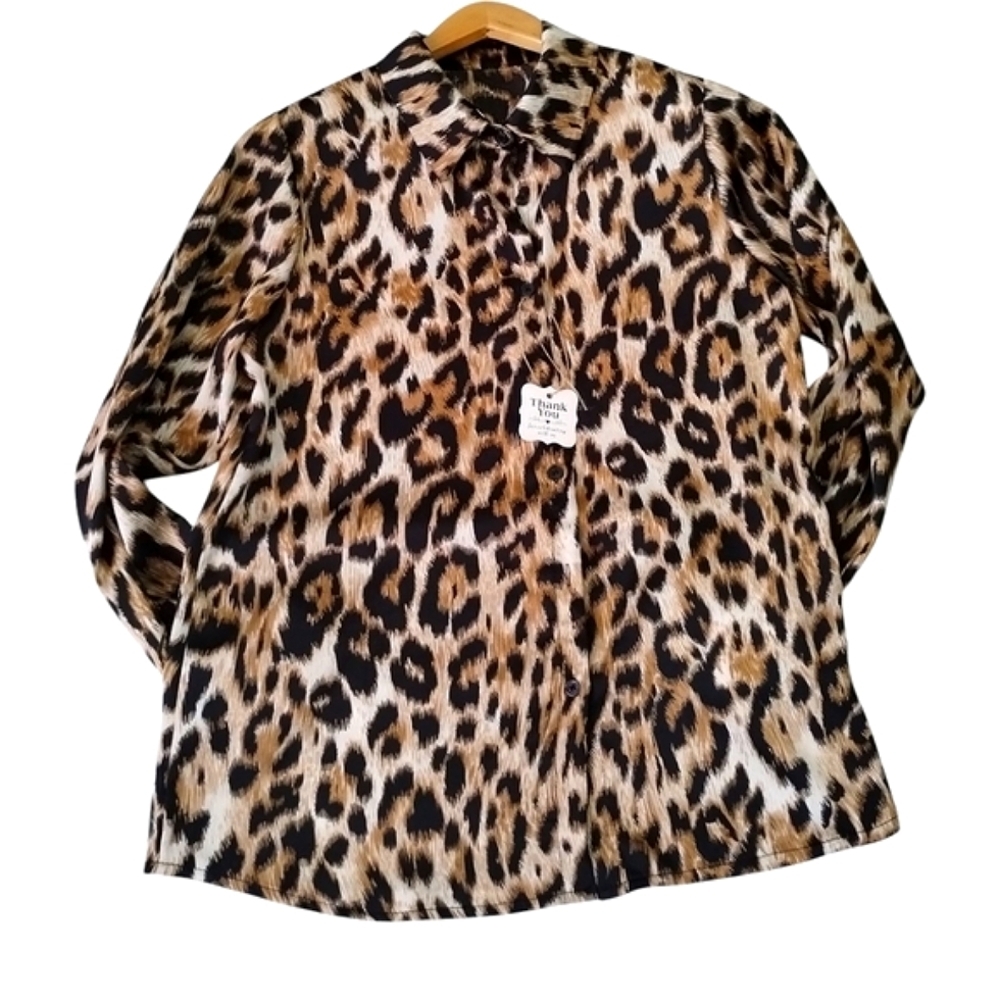 Statements Women's L Button Down Shirt Blouse Long Sleeve Animal Print